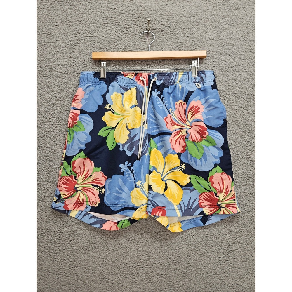 Lands' End Swim Trunks M Blue Hibiscus Hawaiian Tropical Resort Beach Shorts